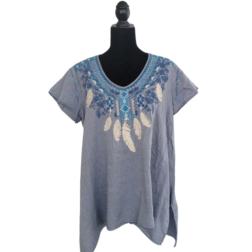 JOHNNY WAS Embroidered Blue  Top Size M